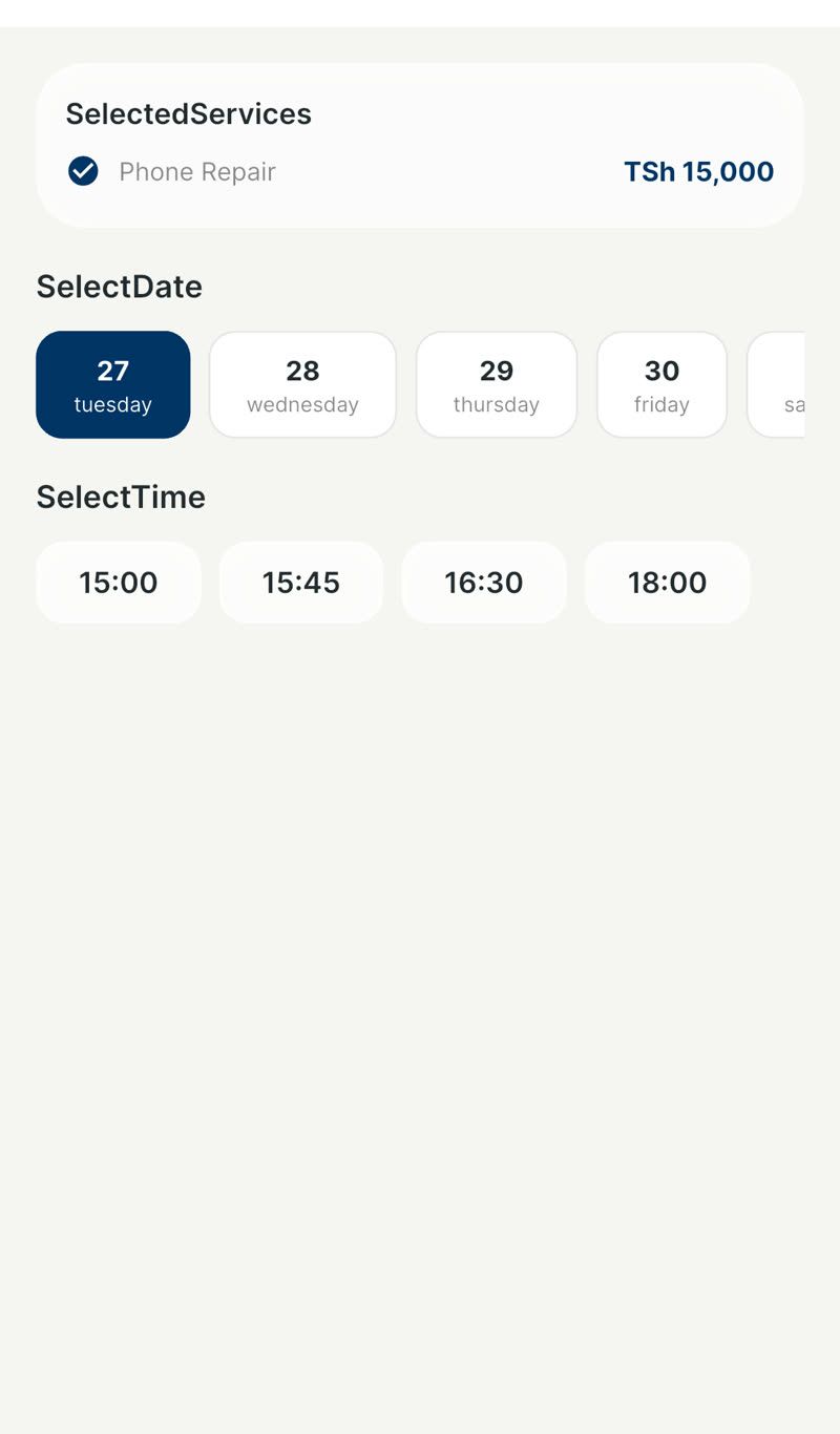 Booking flow in Huduma — choosing a date and time slot for a service visit