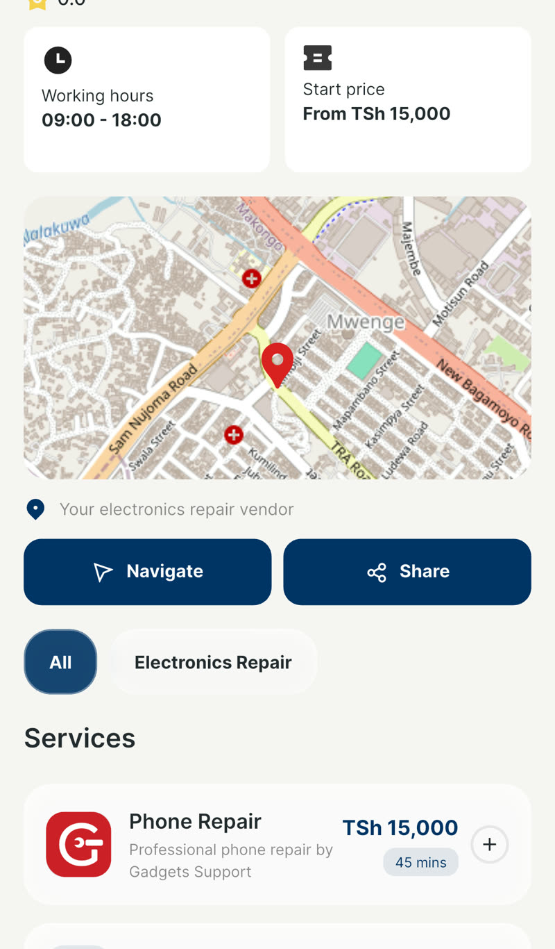 Service provider profile in Huduma — working hours, start price and a priced service menu
