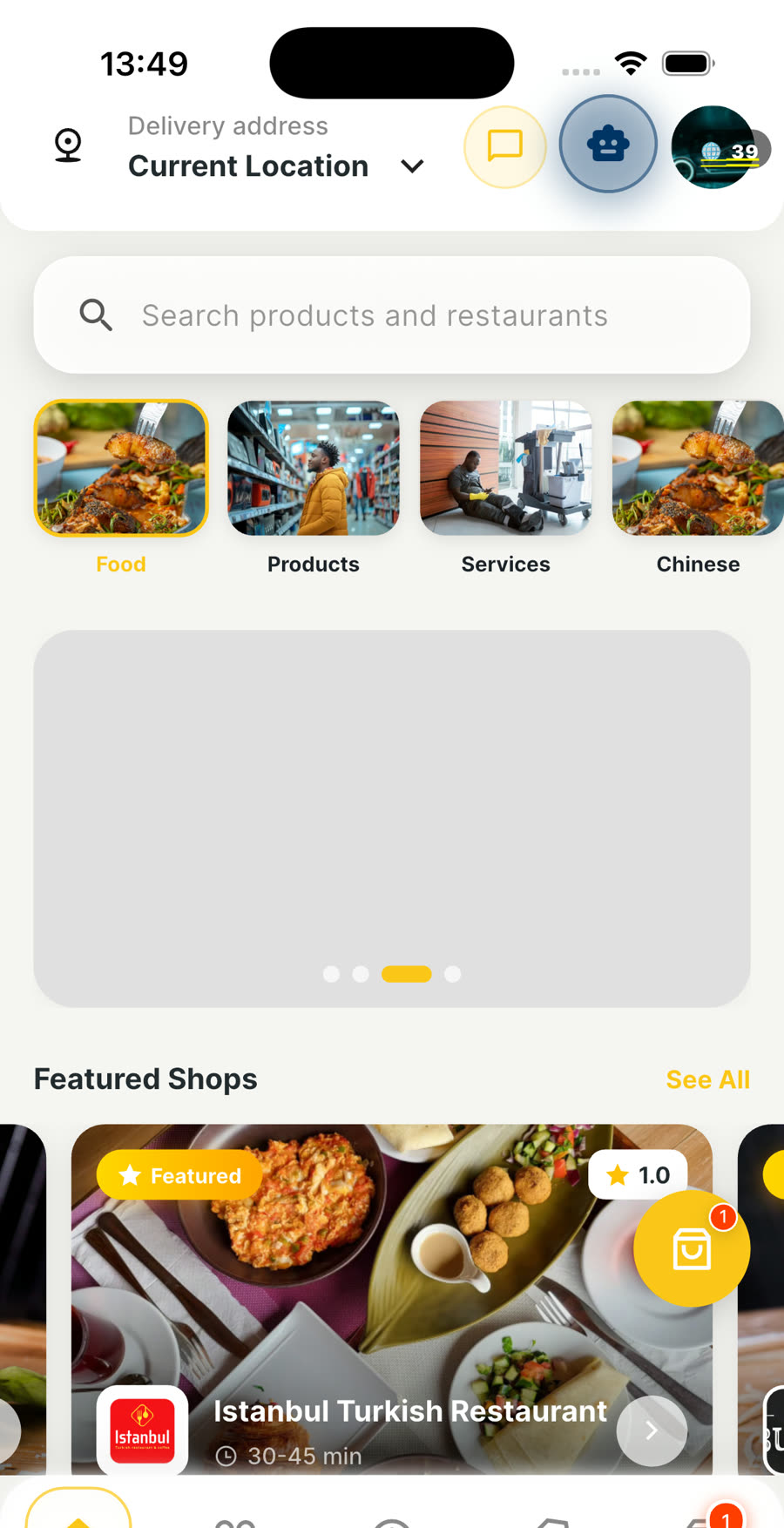 Msosi home in the customer app — all shops, food areas and everyday essentials