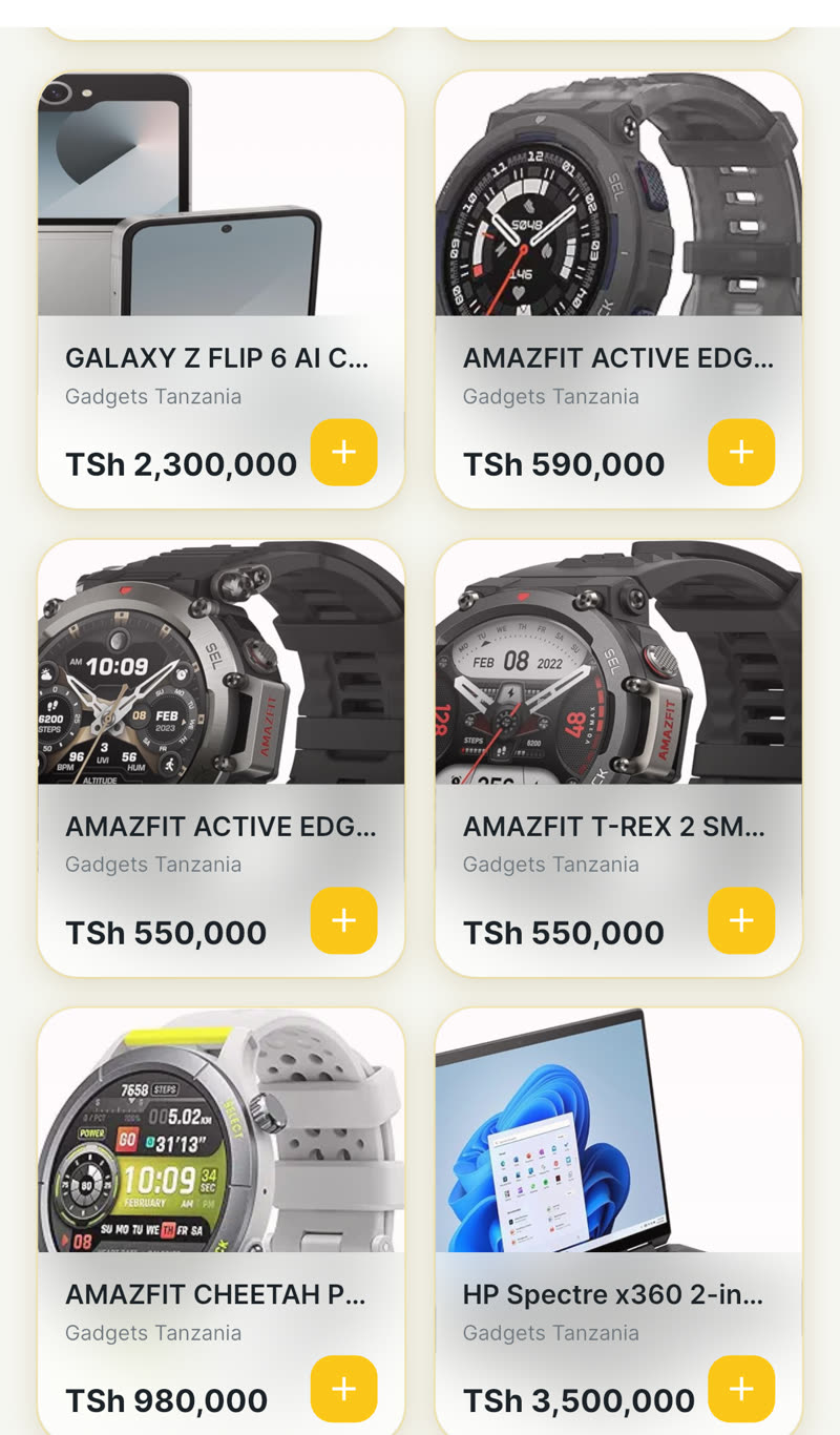 Product listing in Jumla Shop — live prices in Tanzanian shillings with one-tap add to cart