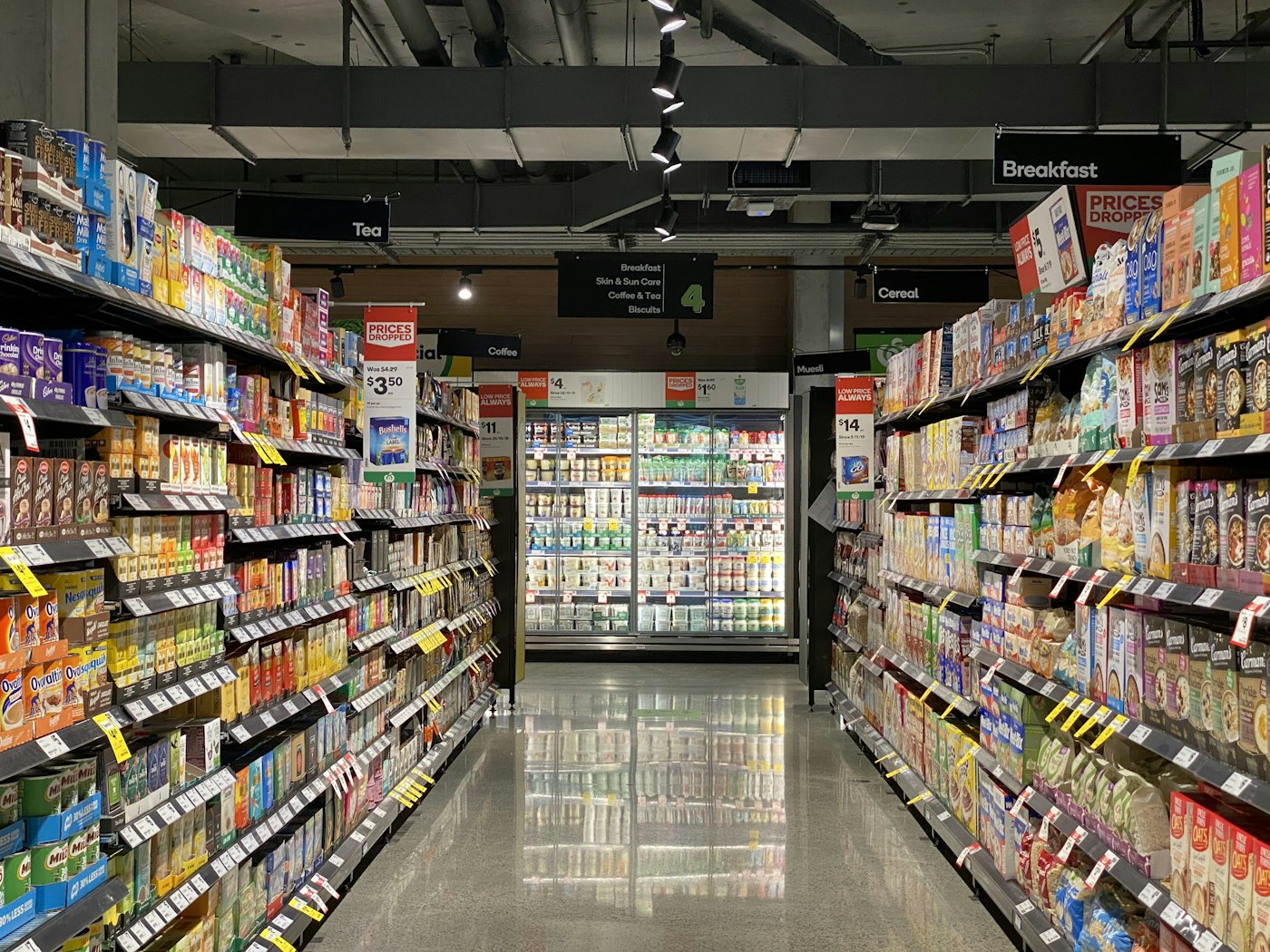 Supermarket aisles stocked and ready
